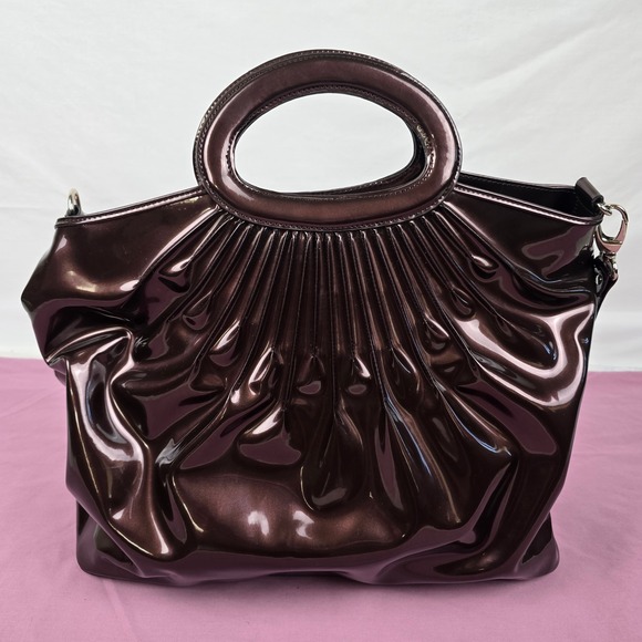 Beijo Luxe Metallic Bronze Patent Pleated Satchel Handbag Crossbody Bag Large - Picture 6 of 16